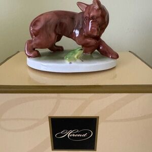 Herend Brown Dog with Green Frog Ceramic Figurine